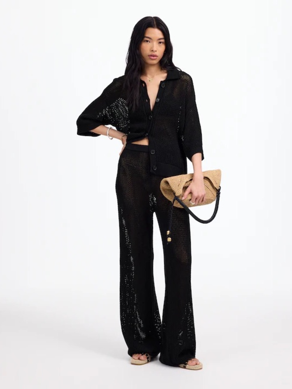 Madewell Open-Stitch Sweater Resortwear Beach Boho Pants Black Medium